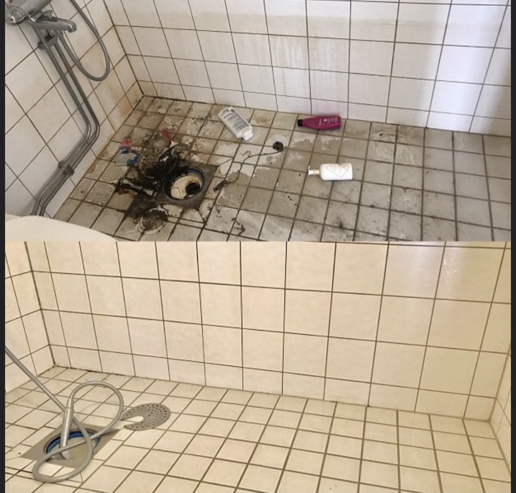 Badrumsstädning före och efter — golv och fogar