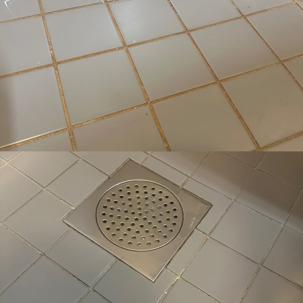 Badrumsstädning före och efter — fogarna rena